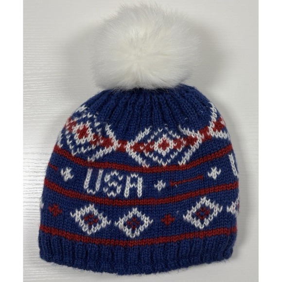 Turtle Fur USA Knit Fleece Lined Winter Pom Beanie Cap Red White Blue - Picture 2 of 8